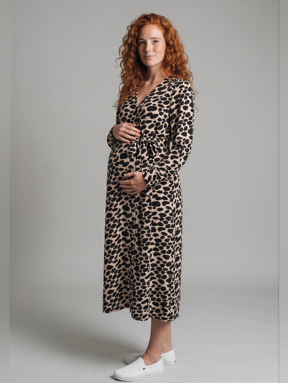 Ann Taylor LOFT Maternity Cheetah Print Beige Black Belted Midi Shirt Dress